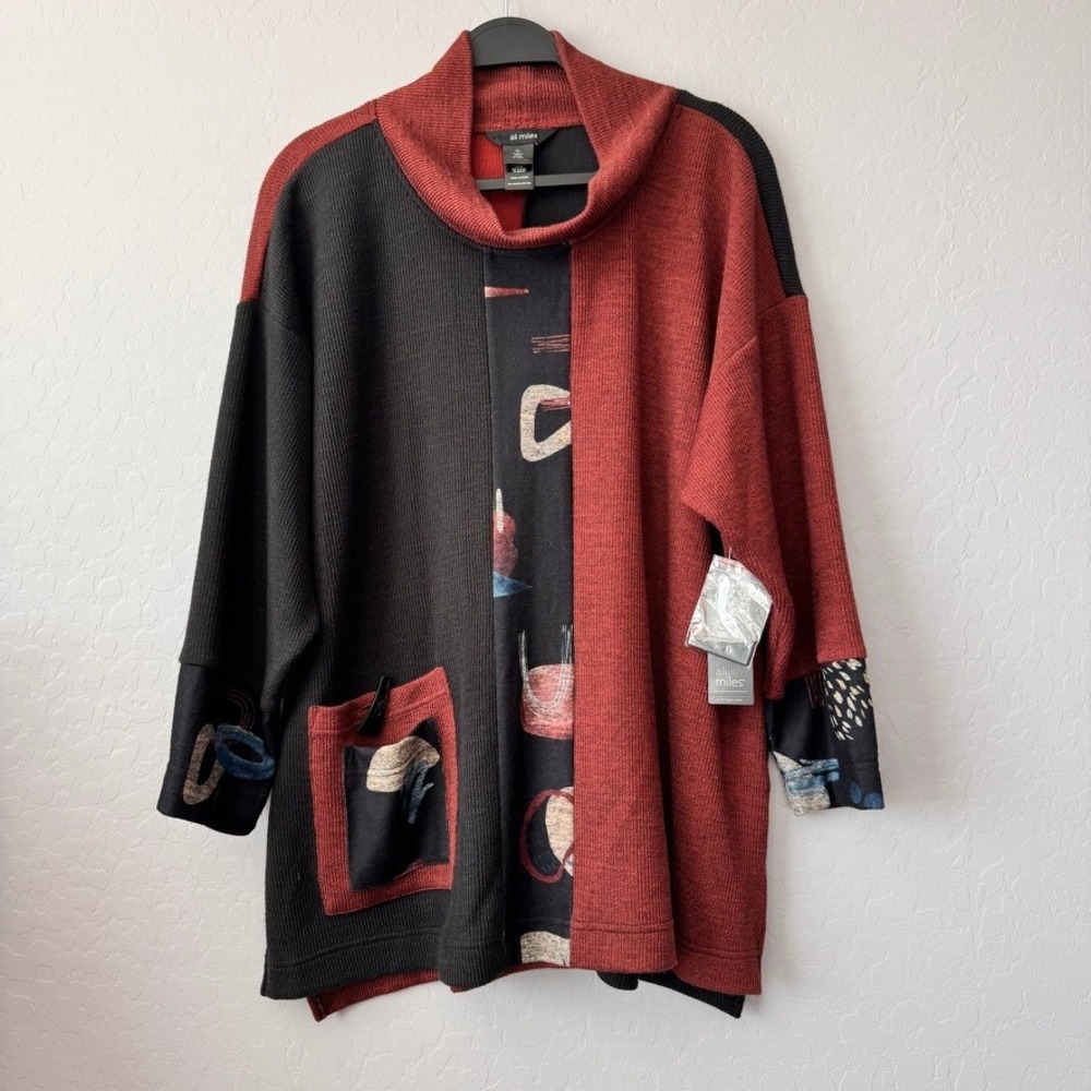 Ali Miles XL Tunic Sweater Red Black 3/4 Sleeve Colorblock Abstract Art to Wear